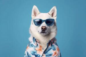 glücklich sibirisch heiser Hund Porträt tragen Sonnenbrille und Sommer- tropisch Hemd suchen beim Kamera isoliert auf Blau Gradient Studio Hintergrund. ai generiert foto