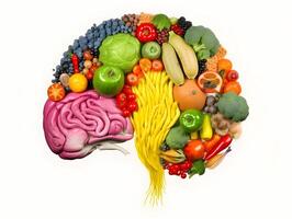 Gehirn geformt Anordnung von Früchte und Gemüse. Ernährung zum Gehirn gesundheit.ai generiert foto