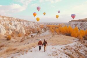 schön Paar von unkenntlich Menschen Aufpassen bunt heiß Luft Luftballons im Flug, ai generiert foto