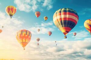 bunt heiß Luft Luftballons im Flug, ai generiert foto