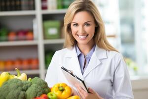 weiblich Ernährungsberater beim ihr Arbeitsplatz, ai generiert foto