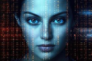 weiblich Gesicht gegen binär Code. künstlich Intelligenz Konzept. generativ ai foto