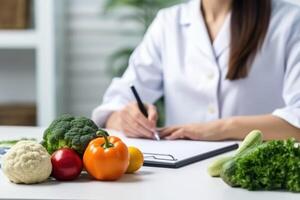 weiblich Ernährungsberater beim ihr Arbeitsplatz, ai generiert foto