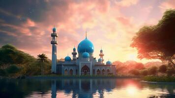 Blau Moschee mit See und Sonnenuntergang gemacht mit generativ ai foto