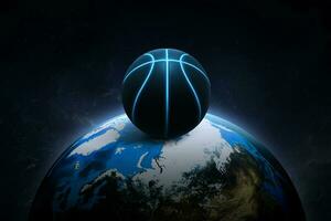 schwarz Basketball mit hell Blau glühend Neon- Linien. auf Nacht Welt im äußere Raum abstrakt Hintergrund foto