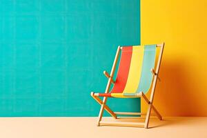Strand Stuhl auf Farbe Hintergrund. Sommer- Ferien Konzept. generativ ai foto
