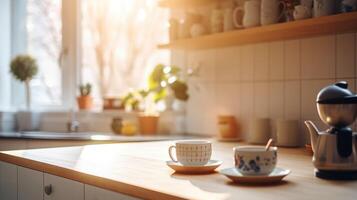 Küche hölzern Tabelle oben mit Frühstück beim Morgen Zeit. generativ ai foto
