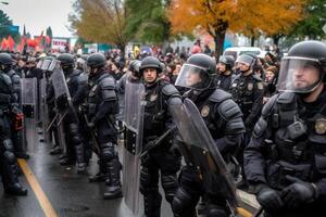 Polizei Kader tragen Uniform auf das Stadt Straße. generativ ai foto