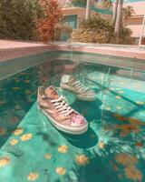 kreativ Sommer- Hintergrund mit stilvoll Schuhe. generativ ai foto