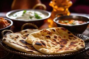 Naan Brot im Platte. Fladenbrot mit Gewürze. indisch Küche. generativ ai foto