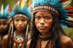 Porträt von einheimisch Stamm Frau. einheimisch amerikanisch Personen. generativ ai foto