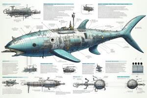 Narwal Cyborg Tier detailliert Infografik, voll Einzelheiten Anatomie Poster Diagramm Illustration generativ ai foto