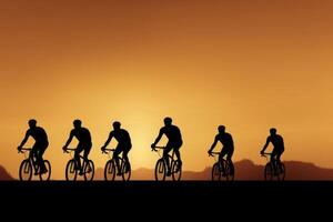 Silhouetten von Fachmann Radfahrer auf Straße beim Sonnenuntergang. generativ ai foto