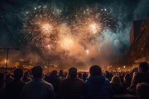 Menschen Silhouetten suchen beim bunt Feuerwerk beim Nacht Himmel. generativ ai foto