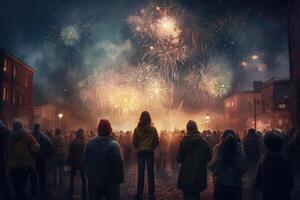 Menschen Silhouetten suchen beim bunt Feuerwerk beim Nacht Himmel. generativ ai foto