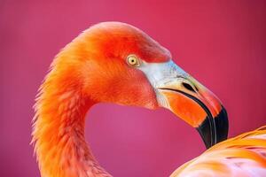 schließen oben Porträt von Flamingo Vogel auf Pastell- farbig Hintergrund. generativ ai foto