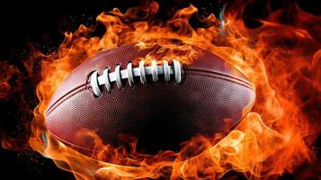 amerikanisch Fußball Ball auf Feuer, Nahaufnahme, isoliert auf schwarz. generativ ai. foto