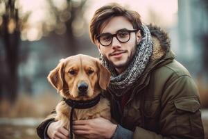 das Porträt von ein Kerl und seine Beste Freund Hund. generativ ai. foto