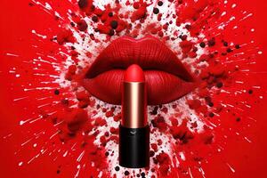 rot Lippenstift im ein rot Explosion Hintergrund Illustration generativ ai foto