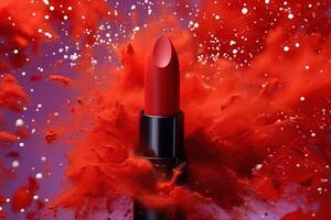 rot Lippenstift im ein rot Explosion Hintergrund Illustration generativ ai foto