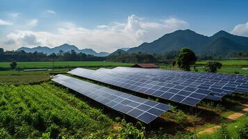 Solar- Paneele auf das Grün Feld mit Blau Himmel und Berg Hintergrund. generativ ai. foto