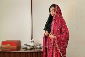 schön jung Frau tragen indisch Lehenga hgagra Knöchel Länge Rock Kleid posieren Zuhause retro Jahrgang foto
