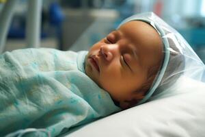 Neugeborene Baby Schlafen auf ein Krankenhaus Bett. generativ ai. foto