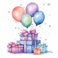 Aquarell glücklich Geburtstag Geschenk Kisten mit Luftballons. Illustration ai generativ foto