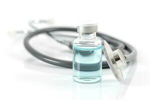 antiviral Impfstoff Flasche und medizinisch Stethoskop auf ein Weiß Hintergrund foto
