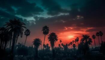 tropisch Palme Baum Silhouette zurück zündete durch Orange Sonnenuntergang Himmel generiert durch ai foto