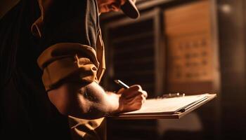 einer kaukasisch Mann halten ein Bleistift, lesen ein dokumentieren drinnen generiert durch ai foto