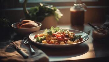 frisch Salat und Pasta, ein gesund Gourmet Mahlzeit auf Holz generiert durch ai foto