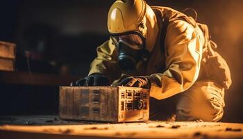 Konstruktion Arbeiter im schützend Arbeitskleidung Instandsetzung Bauholz im dunkel Werkstatt generiert durch ai foto
