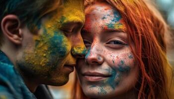 lächelnd jung Erwachsene Farbe Gesichter, Bindung im bunt Festival Feier generiert durch ai foto