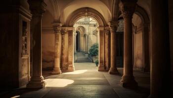 uralt Abtei Eingang Halle mit gotisch Säulen und Marmor Altar generiert durch ai foto