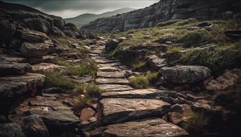 still Szene von Berg Gipfel, Felsen, und grasig Fußweg generiert durch ai foto