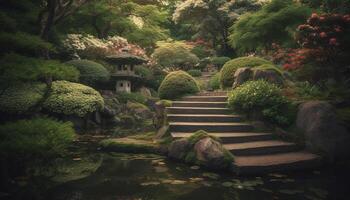 still japanisch Garten mit Grün Bäume, Teich, und Stein Laterne generiert durch ai foto