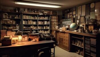 modern Bücherregal Sammlung leuchtet inländisch Zimmer mit Weisheit und Literatur generiert durch ai foto