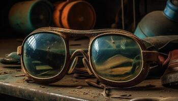 alt gestaltet Brille, rostig Metall, Betrachtung von Natur, verlassen Eleganz generiert durch ai foto