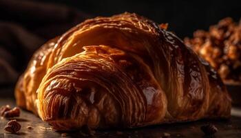 ein Stapel von nachsichtig, Gold farbig Croissants auf ein rustikal Tabelle generiert durch ai foto