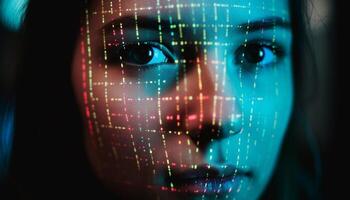 futuristisch Cyborg Frau Codierung binär Code im glühend Blau Computer Sprache generiert durch ai foto