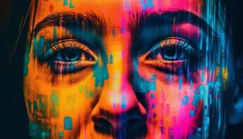 abstrakt Porträt von ein futuristisch jung Erwachsene mit glühend ultraviolett Wimpern generiert durch ai foto