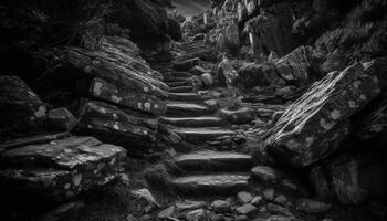 still Treppe führt zu uralt Ruine auf felsig Cliff Küste generiert durch ai foto