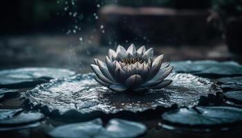 still Lotus blühen schwimmt auf Blau Wasser, symbolisieren Buddhismus Ruhe generiert durch ai foto