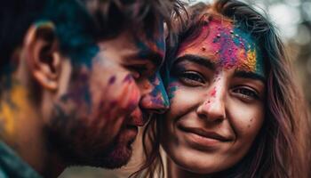 lächelnd Männer und Frauen finden Glück beim traditionell Festival Party generiert durch ai foto