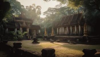 uralt Pagode Skulptur im Angkor, ein berühmt ruiniert Monument generiert durch ai foto
