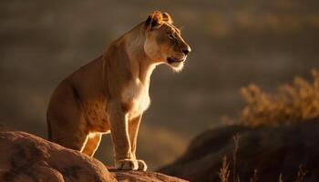 majestätisch Löwin Gehen im das Wildnis, Aufpassen das Sonnenuntergang generiert durch ai foto