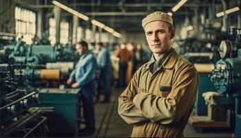 zuversichtlich jung Erwachsene Metall Arbeiter Stehen im Werkstatt mit Maschinen generiert durch ai foto