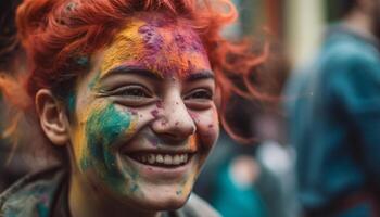bunt Feier von Jugend Kultur mit lächelnd Gesichter und Farbe generiert durch ai foto