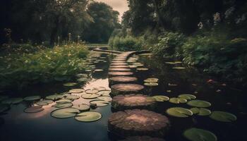 still Szene von Lotus Wasser Lilie im ein friedlich Teich generiert durch ai foto